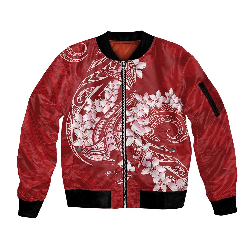 Red Polynesia Hammerhead Shark Tattoo With Plumeria Lei Sleeve Zip Bomber Jacket LT14 Unisex Red - Polynesian Pride