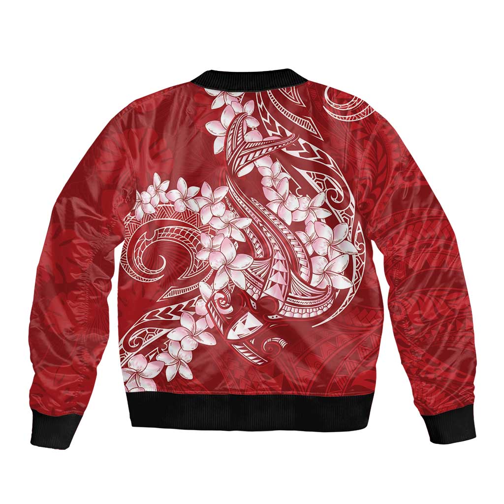 Red Polynesia Hammerhead Shark Tattoo With Plumeria Lei Sleeve Zip Bomber Jacket LT14 - Polynesian Pride