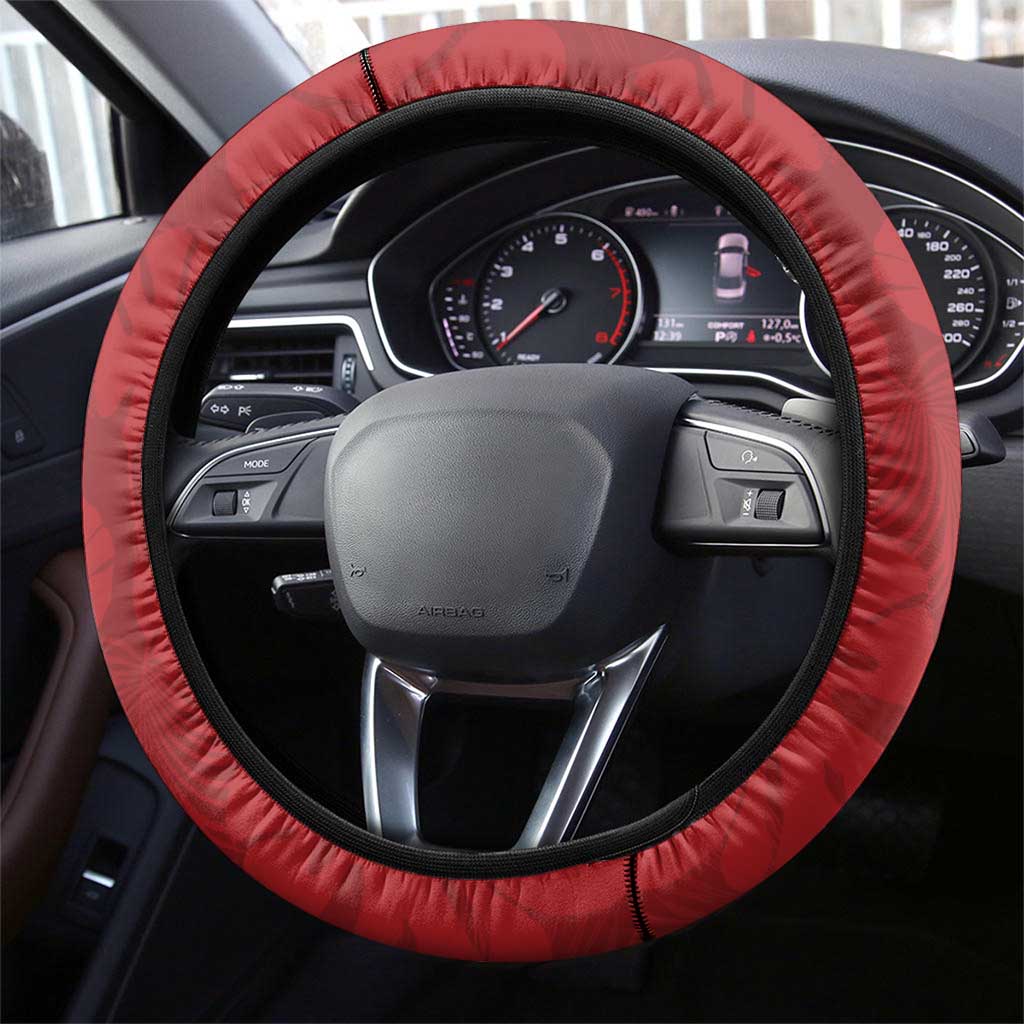 Red Polynesia Hammerhead Shark Tattoo With Plumeria Lei Steering Wheel Cover LT14 - Polynesian Pride