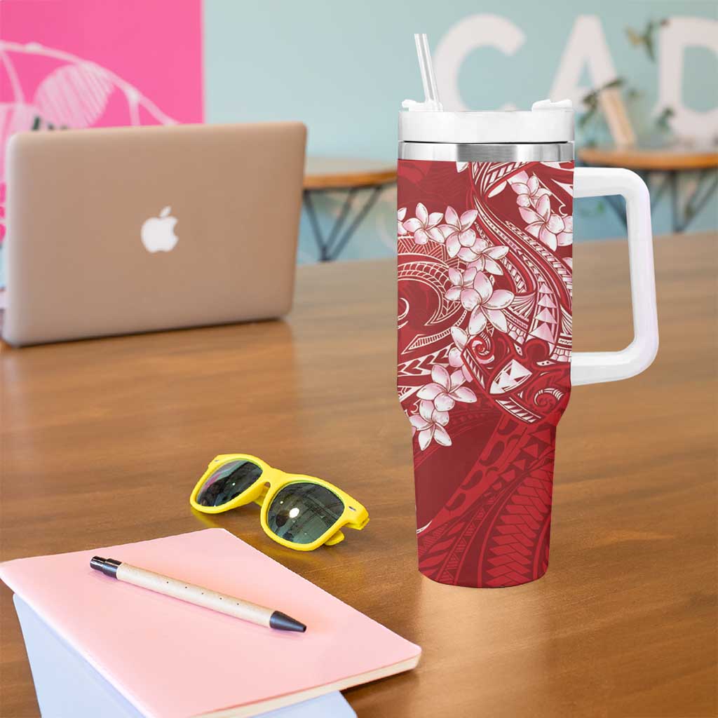 Red Polynesia Hammerhead Shark Tattoo With Plumeria Lei Tumbler With Handle LT14 - Polynesian Pride