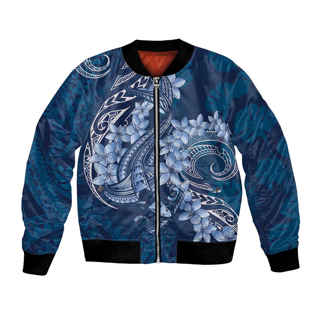 Navy Blue Polynesia Hammerhead Shark Tattoo With Plumeria Lei Bomber Jacket LT14 Unisex Navy Blue - Polynesian Pride