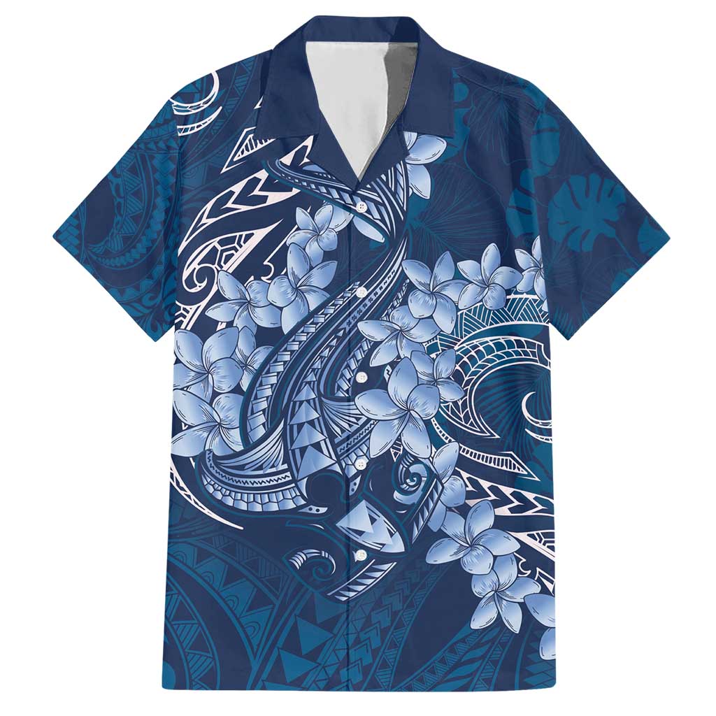 Navy Blue Polynesia Hammerhead Shark Tattoo With Plumeria Lei Hawaiian Shirt LT14 Navy Blue - Polynesian Pride