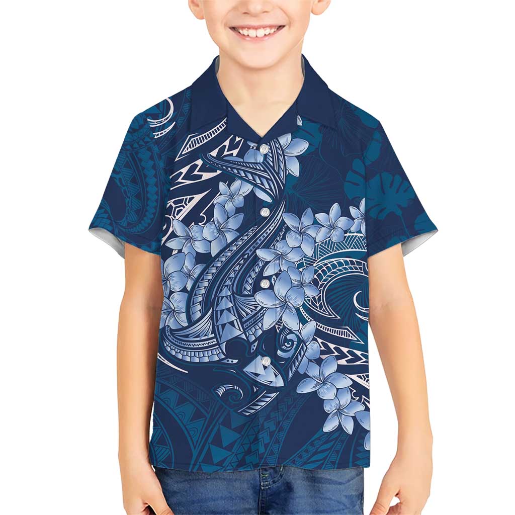 Navy Blue Polynesia Hammerhead Shark Tattoo With Plumeria Lei Kid Hawaiian Shirt LT14 Kid Navy Blue - Polynesian Pride