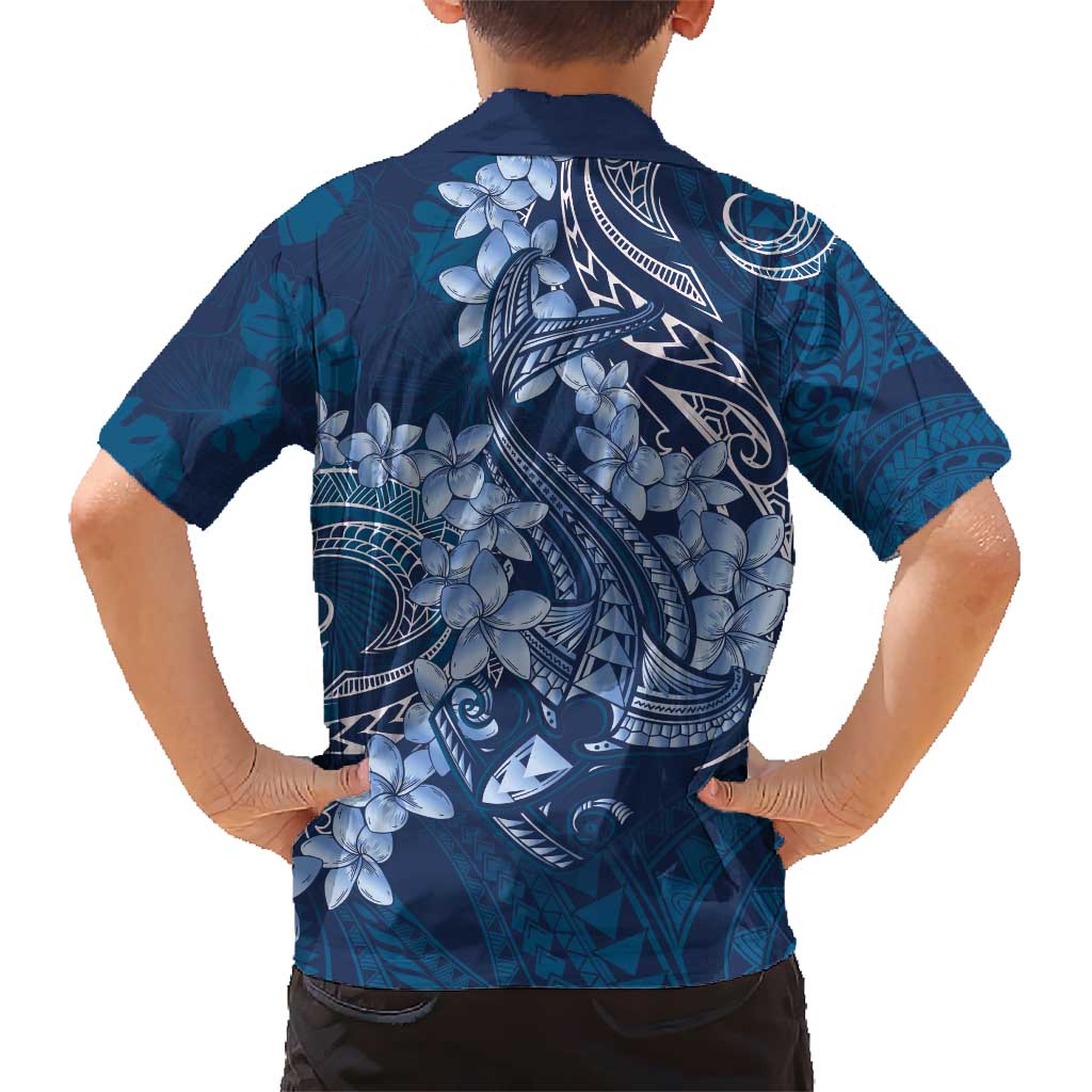 Navy Blue Polynesia Hammerhead Shark Tattoo With Plumeria Lei Kid Hawaiian Shirt LT14 - Polynesian Pride