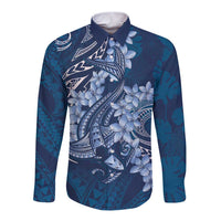 Navy Blue Polynesia Hammerhead Shark Tattoo With Plumeria Lei Long Sleeve Button Shirt LT14 Unisex Navy Blue - Polynesian Pride