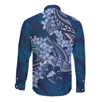 Navy Blue Polynesia Hammerhead Shark Tattoo With Plumeria Lei Long Sleeve Button Shirt LT14 - Polynesian Pride