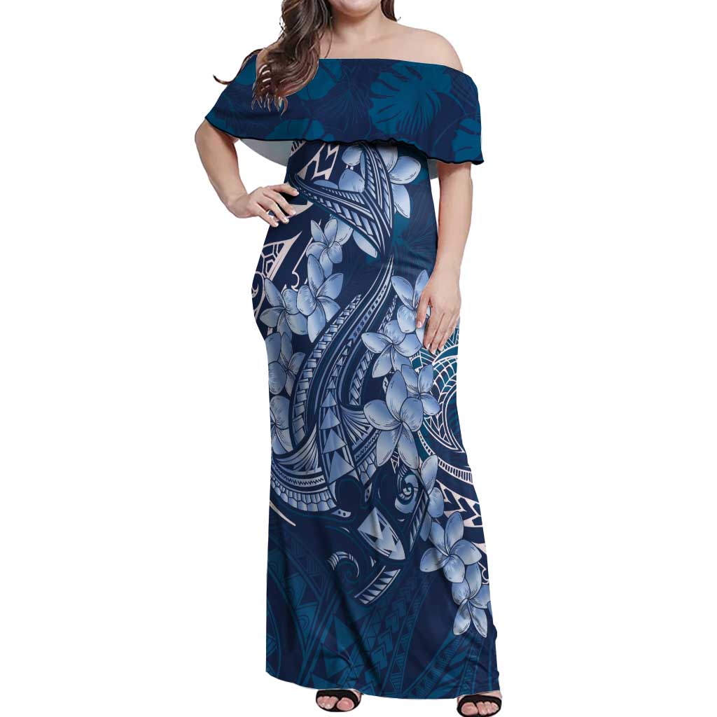 Navy Blue Polynesia Hammerhead Shark Tattoo With Plumeria Lei Off Shoulder Maxi Dress LT14 Women Navy Blue - Polynesian Pride