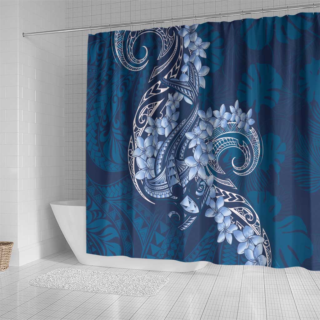 Navy Blue Polynesia Hammerhead Shark Tattoo With Plumeria Lei Shower Curtain LT14 - Polynesian Pride