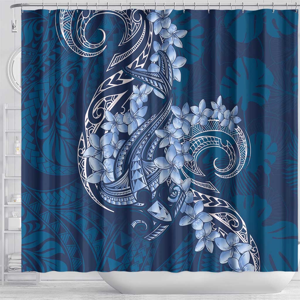 Navy Blue Polynesia Hammerhead Shark Tattoo With Plumeria Lei Shower Curtain LT14 - Polynesian Pride