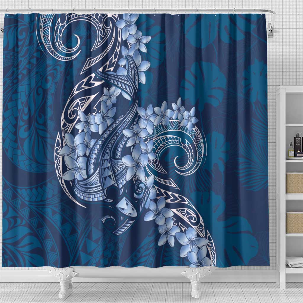Navy Blue Polynesia Hammerhead Shark Tattoo With Plumeria Lei Shower Curtain LT14 - Polynesian Pride