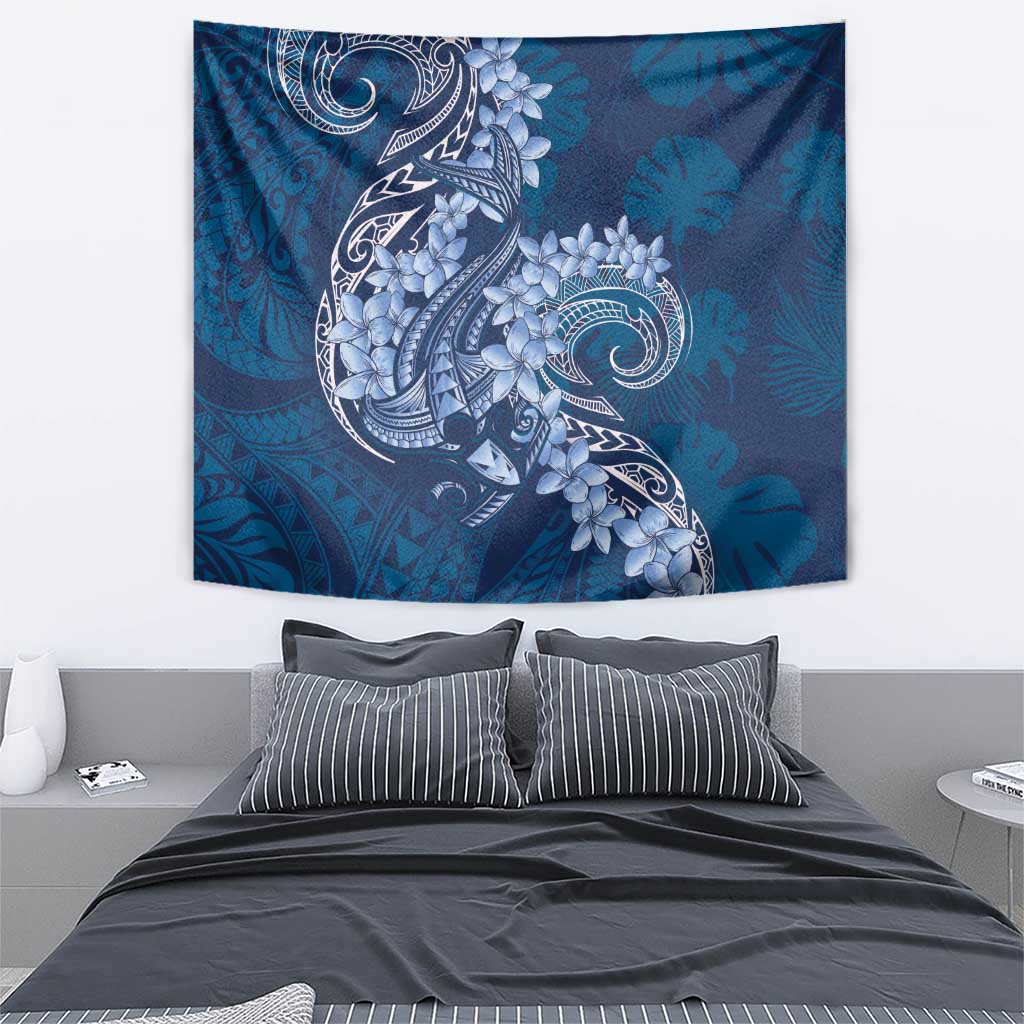 Navy Blue Polynesia Hammerhead Shark Tattoo With Plumeria Lei Tapestry LT14 - Polynesian Pride