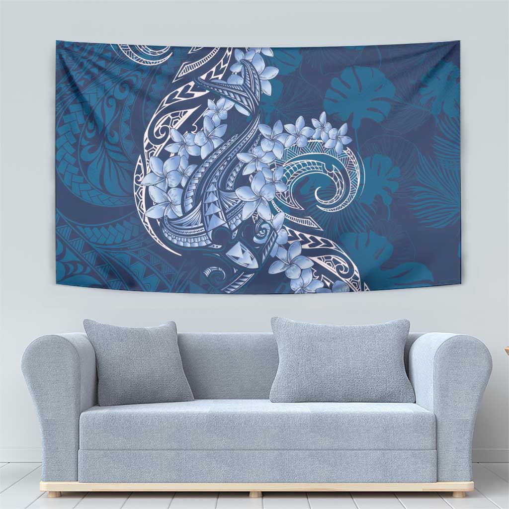 Navy Blue Polynesia Hammerhead Shark Tattoo With Plumeria Lei Tapestry LT14 - Polynesian Pride