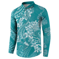 Teal Polynesia Hammerhead Shark Tattoo With Plumeria Lei Button Sweatshirt LT14 - Polynesian Pride