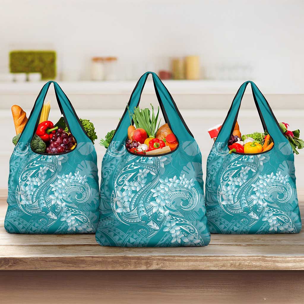 Teal Polynesia Hammerhead Shark Tattoo With Plumeria Lei Grocery Bag LT14 3-pack One Size Teal - Polynesian Pride