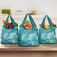 Teal Polynesia Hammerhead Shark Tattoo With Plumeria Lei Grocery Bag LT14 3-pack One Size Teal - Polynesian Pride