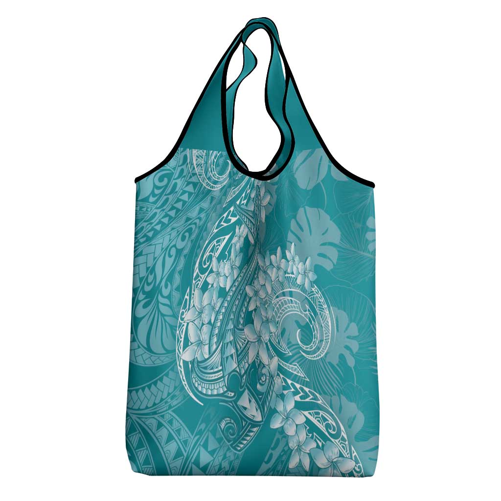 Teal Polynesia Hammerhead Shark Tattoo With Plumeria Lei Grocery Bag LT14 - Polynesian Pride