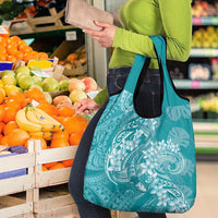 Teal Polynesia Hammerhead Shark Tattoo With Plumeria Lei Grocery Bag LT14 - Polynesian Pride