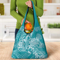 Teal Polynesia Hammerhead Shark Tattoo With Plumeria Lei Grocery Bag LT14 - Polynesian Pride