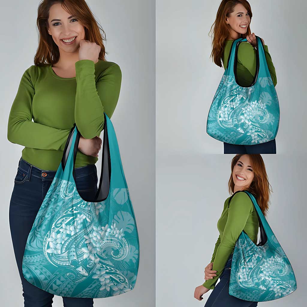 Teal Polynesia Hammerhead Shark Tattoo With Plumeria Lei Grocery Bag LT14 - Polynesian Pride