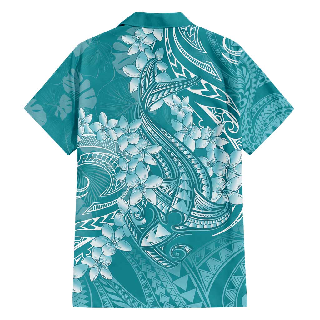 Teal Polynesia Hammerhead Shark Tattoo With Plumeria Lei Hawaiian Shirt LT14 - Polynesian Pride