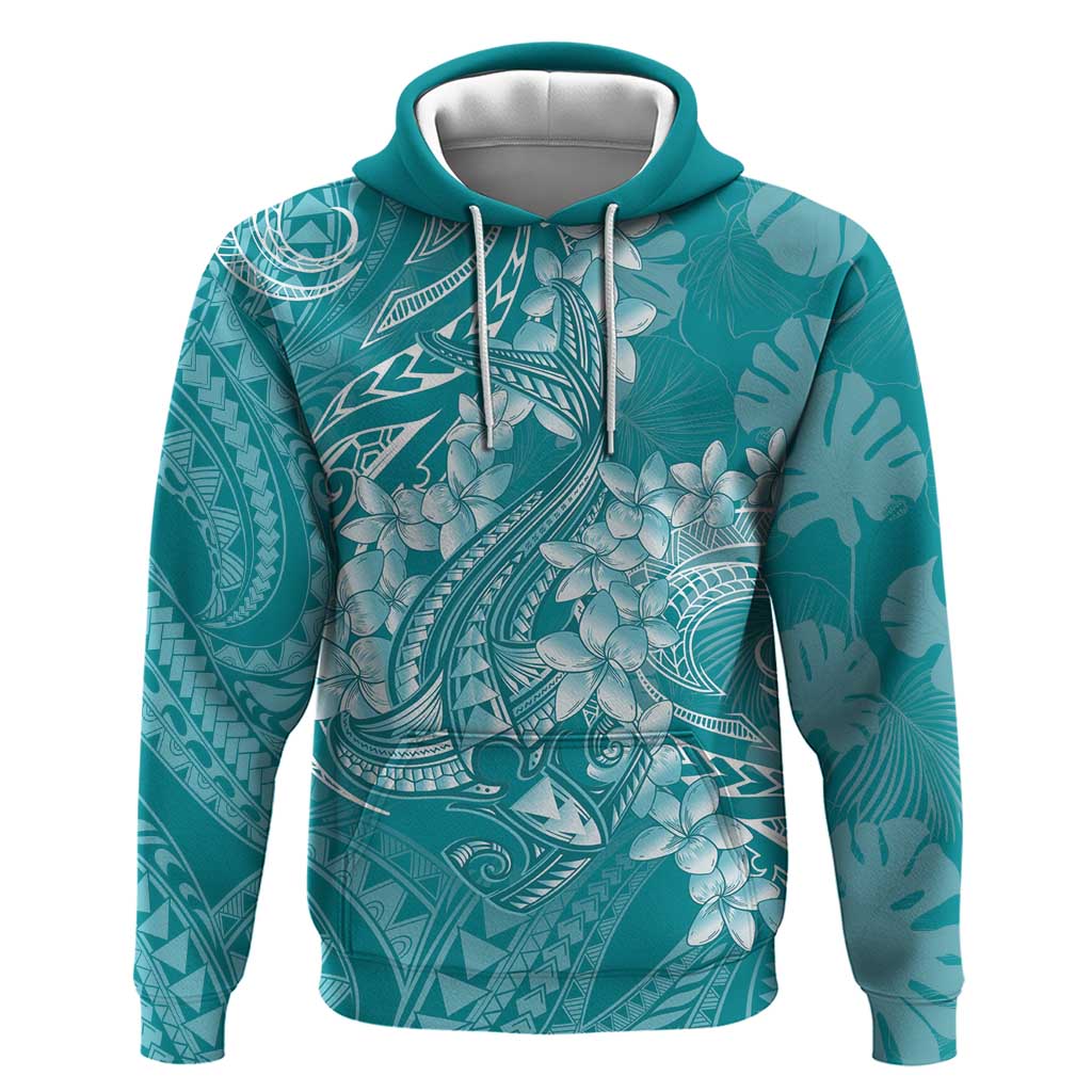 Teal Polynesia Hammerhead Shark Tattoo With Plumeria Lei Hoodie LT14 Pullover Hoodie Teal - Polynesian Pride