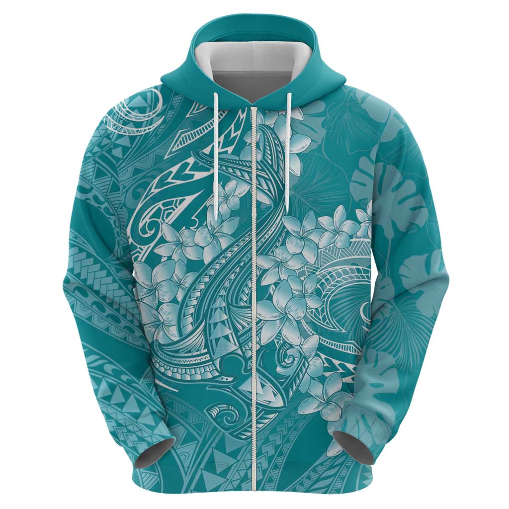 Teal Polynesia Hammerhead Shark Tattoo With Plumeria Lei Hoodie LT14 - Polynesian Pride