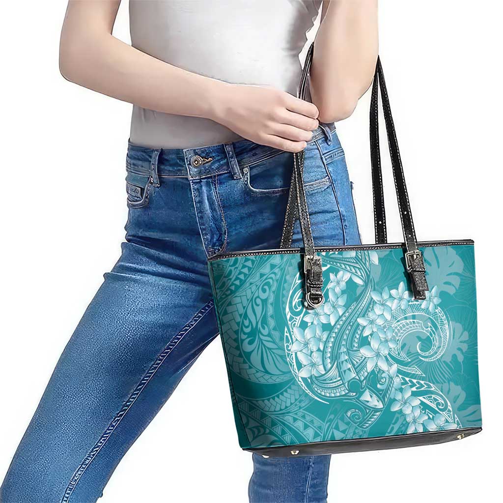 Teal Polynesia Hammerhead Shark Tattoo With Plumeria Lei Leather Tote Bag LT14 - Polynesian Pride