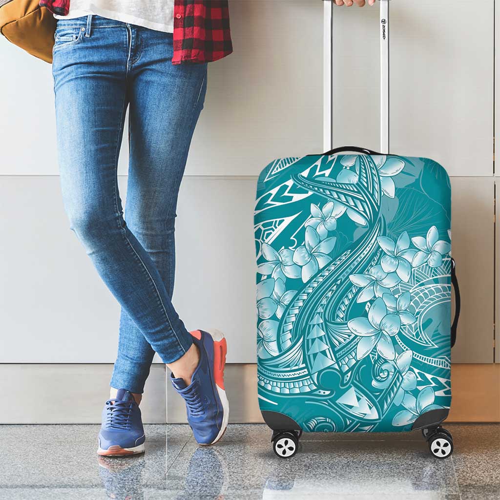 Teal Polynesia Hammerhead Shark Tattoo With Plumeria Lei Luggage Cover LT14 - Polynesian Pride