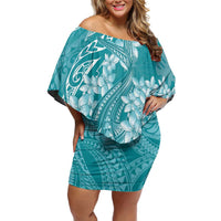 Teal Polynesia Hammerhead Shark Tattoo With Plumeria Lei Off Shoulder Short Dress LT14 Women Teal - Polynesian Pride