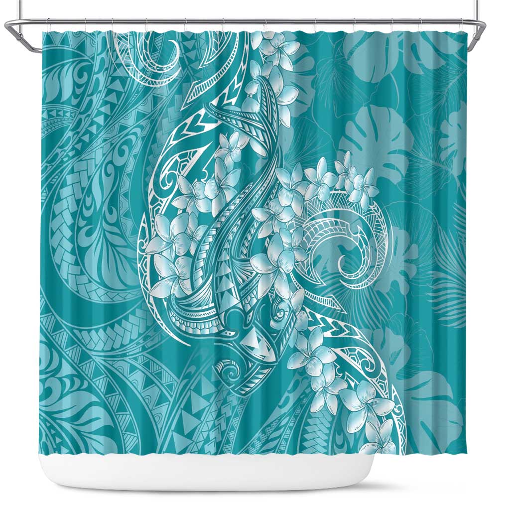 Teal Polynesia Hammerhead Shark Tattoo With Plumeria Lei Shower Curtain LT14 Teal - Polynesian Pride