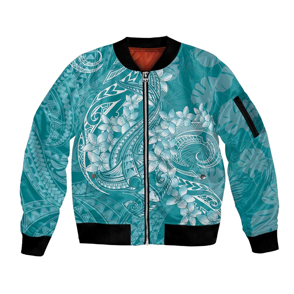 Teal Polynesia Hammerhead Shark Tattoo With Plumeria Lei Sleeve Zip Bomber Jacket LT14 Unisex Teal - Polynesian Pride