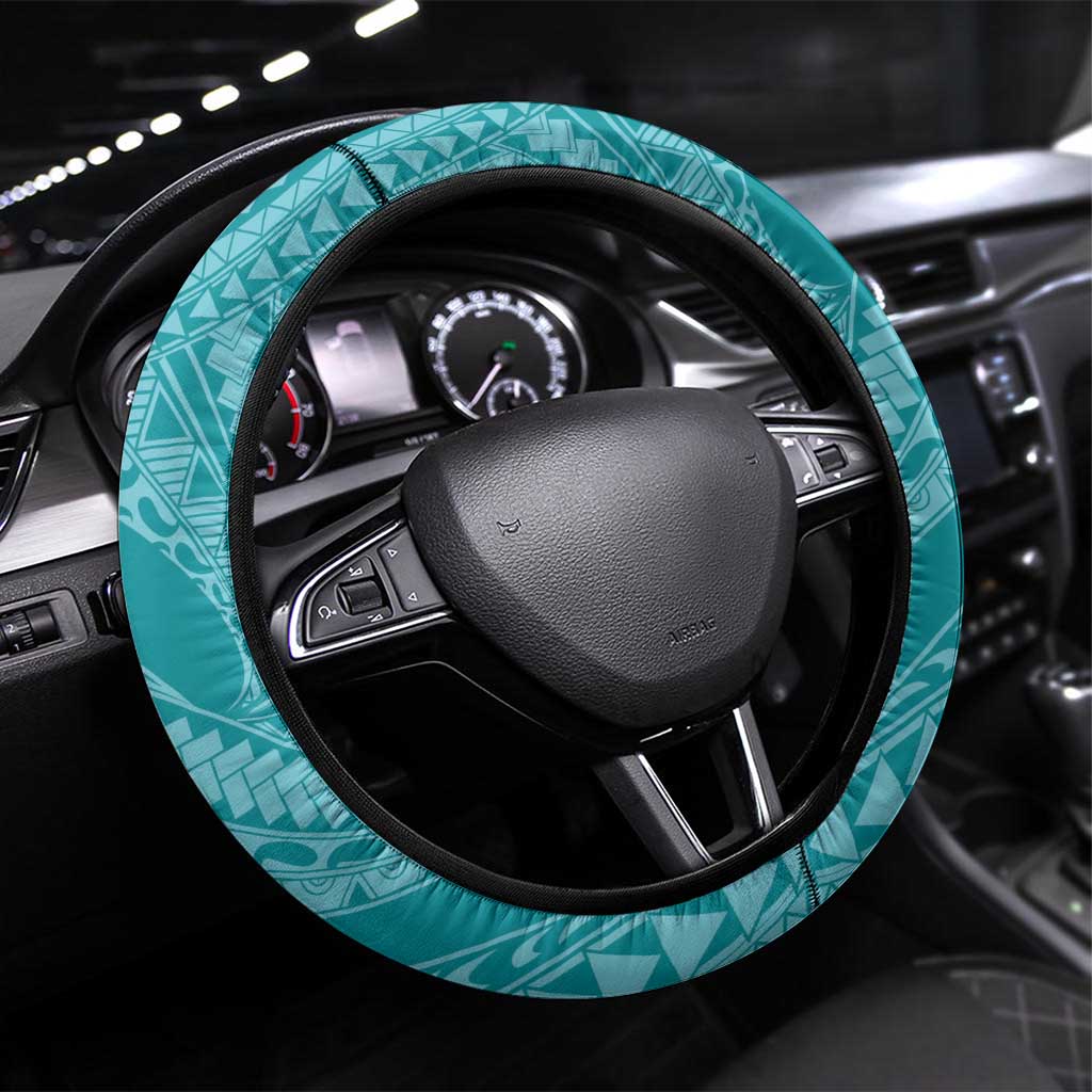 Teal Polynesia Hammerhead Shark Tattoo With Plumeria Lei Steering Wheel Cover LT14 Universal Fit Teal - Polynesian Pride