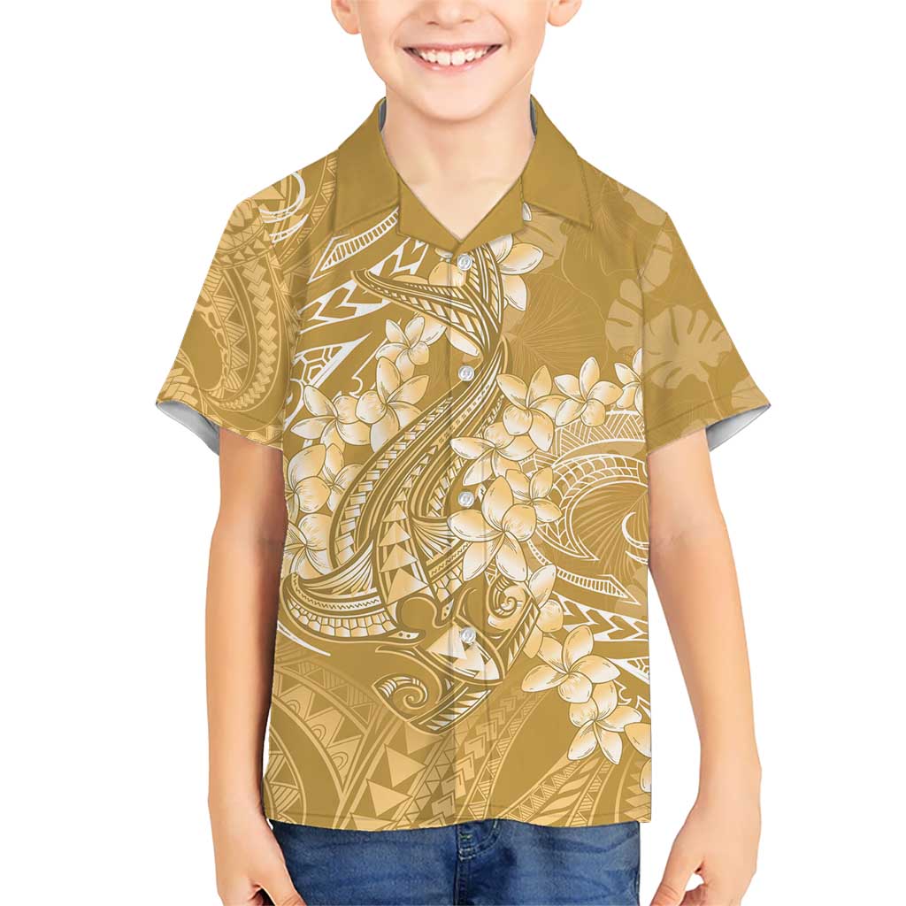 Yellow Polynesia Hammerhead Shark Tattoo With Plumeria Lei Kid Hawaiian Shirt LT14 Kid Yellow - Polynesian Pride