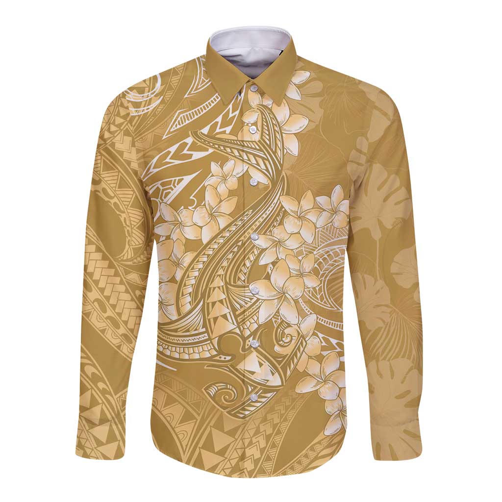 Yellow Polynesia Hammerhead Shark Tattoo With Plumeria Lei Long Sleeve Button Shirt LT14 Unisex Yellow - Polynesian Pride