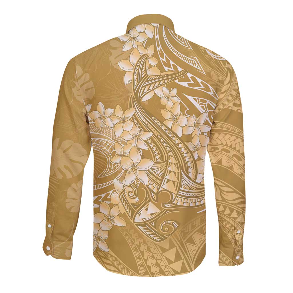 Yellow Polynesia Hammerhead Shark Tattoo With Plumeria Lei Long Sleeve Button Shirt LT14 - Polynesian Pride