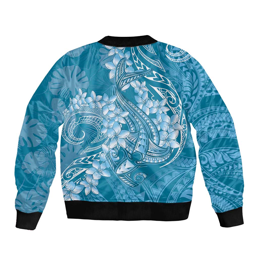 Blue Polynesia Hammerhead Shark Tattoo With Plumeria Lei Bomber Jacket LT14 - Polynesian Pride