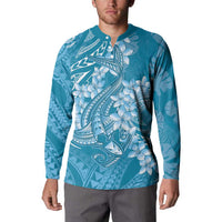 Blue Polynesia Hammerhead Shark Tattoo With Plumeria Lei Button Sweatshirt LT14 - Polynesian Pride