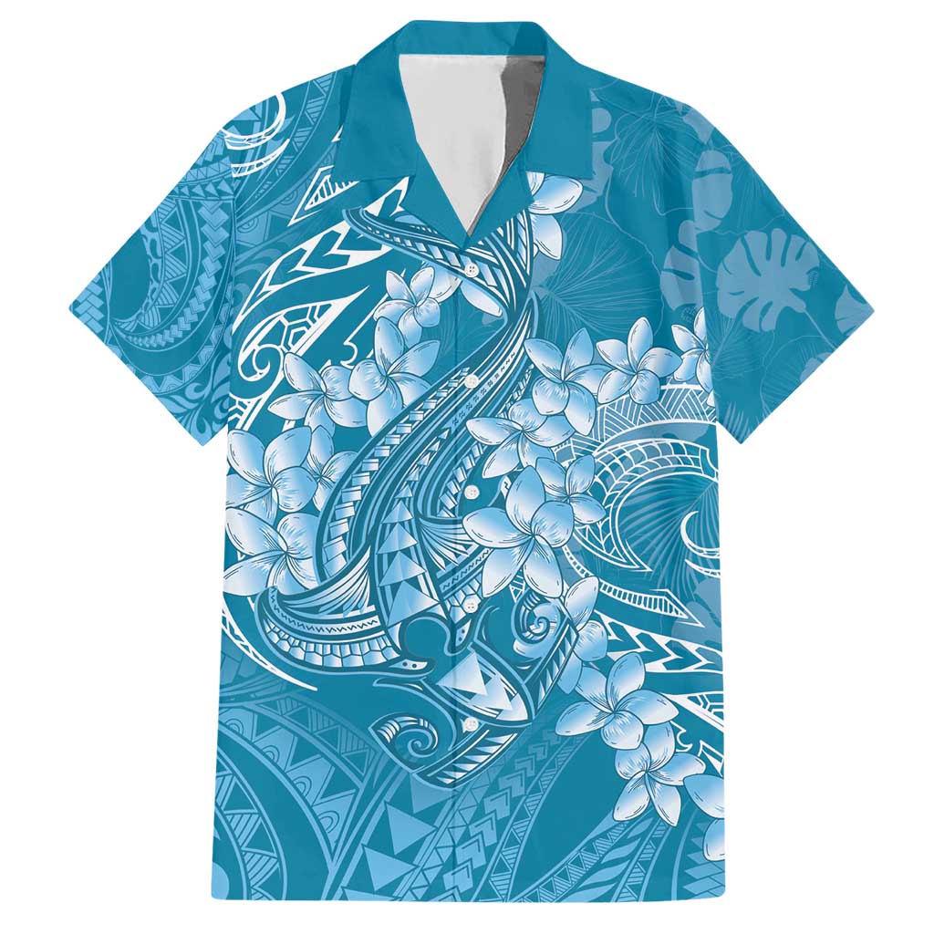 Blue Polynesia Hammerhead Shark Tattoo With Plumeria Lei Hawaiian Shirt LT14 Blue - Polynesian Pride
