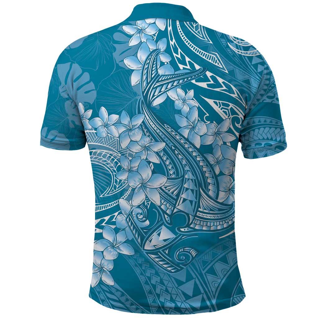 Blue Polynesia Hammerhead Shark Tattoo With Plumeria Lei Polo Shirt LT14 - Polynesian Pride