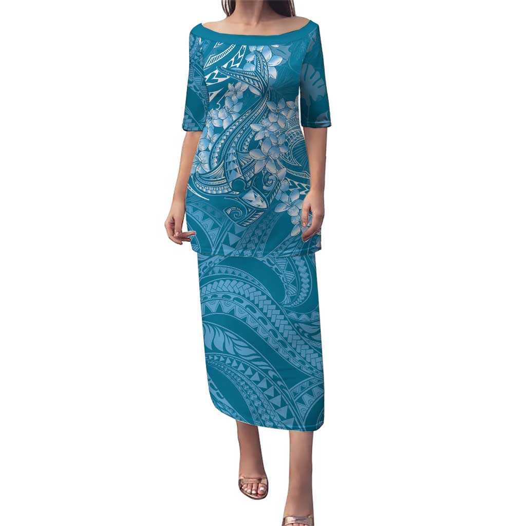 Blue Polynesia Hammerhead Shark Tattoo With Plumeria Lei Puletasi LT14 Long Dress Blue - Polynesian Pride