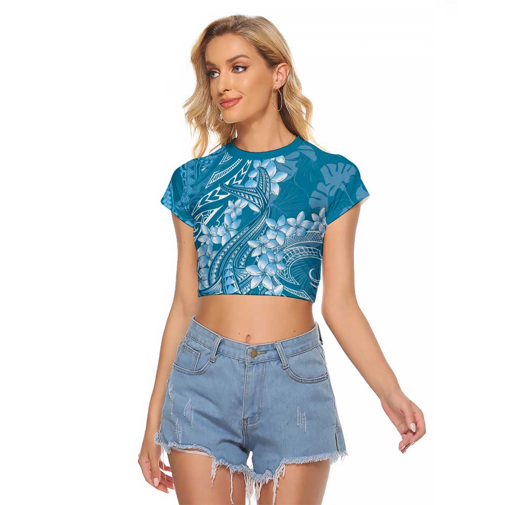 Blue Polynesia Hammerhead Shark Tattoo With Plumeria Lei Raglan Cropped T Shirt LT14 Female Blue - Polynesian Pride