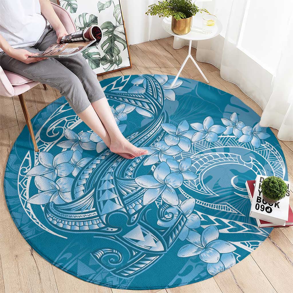 Blue Polynesia Hammerhead Shark Tattoo With Plumeria Lei Round Carpet LT14 - Polynesian Pride