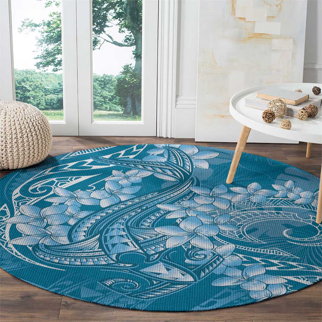 Blue Polynesia Hammerhead Shark Tattoo With Plumeria Lei Round Carpet LT14 - Polynesian Pride