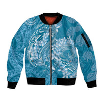 Blue Polynesia Hammerhead Shark Tattoo With Plumeria Lei Sleeve Zip Bomber Jacket LT14 Unisex Blue - Polynesian Pride