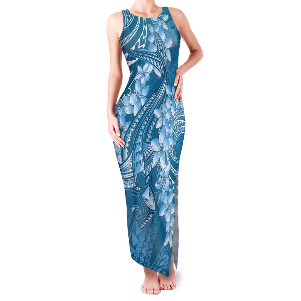 Blue Polynesia Hammerhead Shark Tattoo With Plumeria Lei Tank Maxi Dress LT14 Women Blue - Polynesian Pride