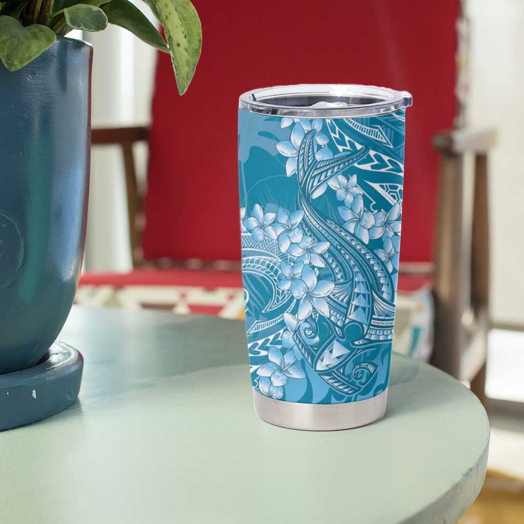 Blue Polynesia Hammerhead Shark Tattoo With Plumeria Lei Tumbler Cup LT14 - Polynesian Pride