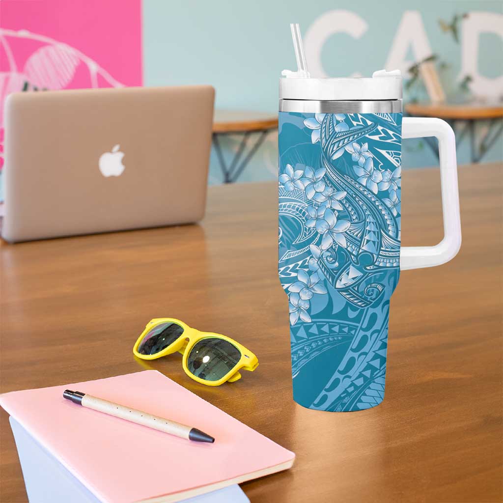 Blue Polynesia Hammerhead Shark Tattoo With Plumeria Lei Tumbler With Handle LT14 - Polynesian Pride