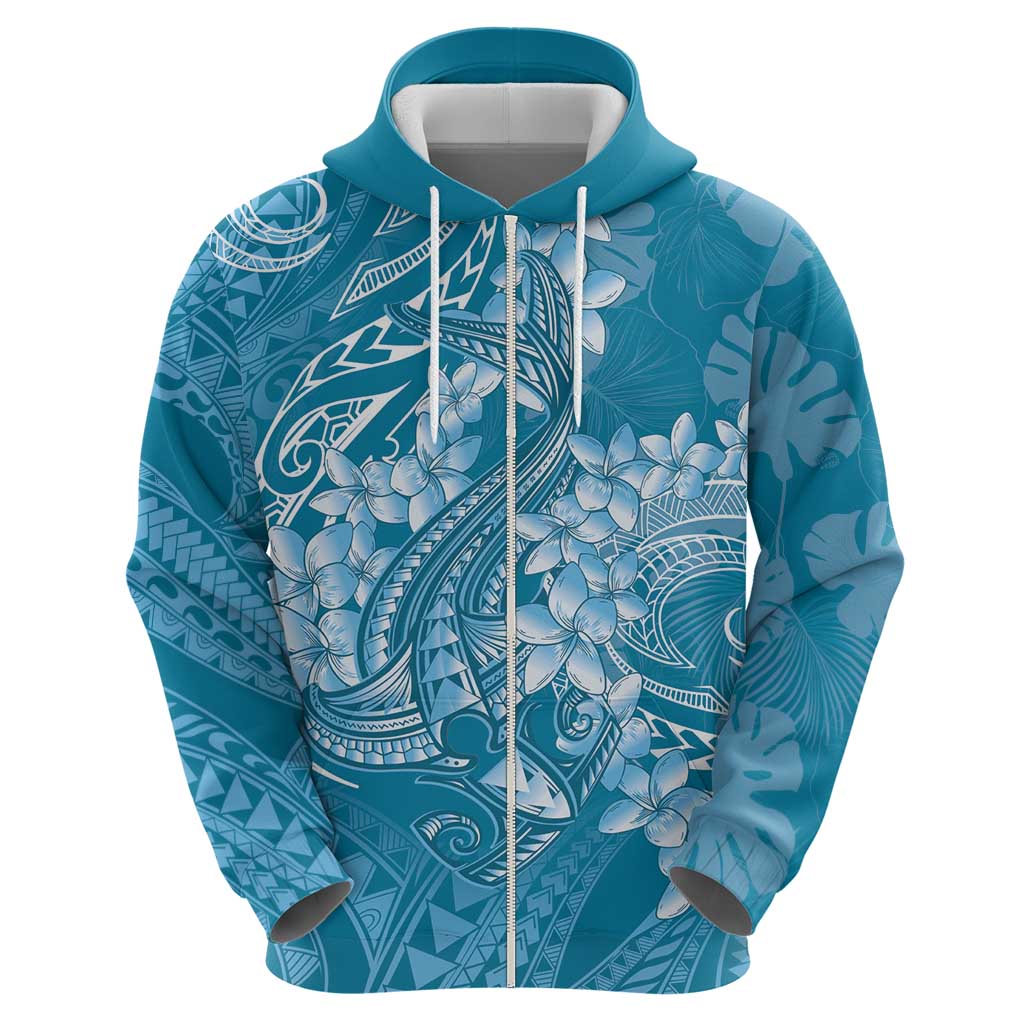 Blue Polynesia Hammerhead Shark Tattoo With Plumeria Lei Zip Hoodie LT14 - Polynesian Pride
