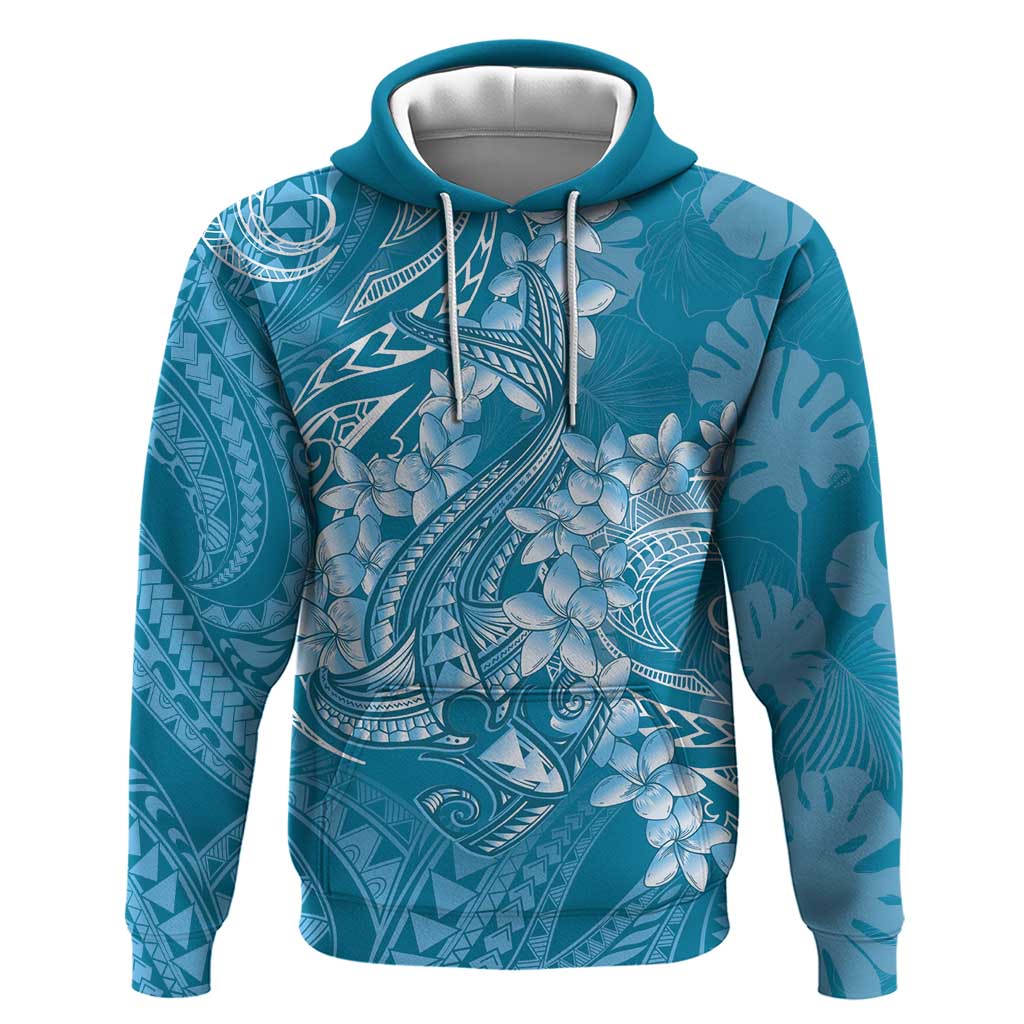 Blue Polynesia Hammerhead Shark Tattoo With Plumeria Lei Zip Hoodie LT14 Pullover Hoodie Blue - Polynesian Pride