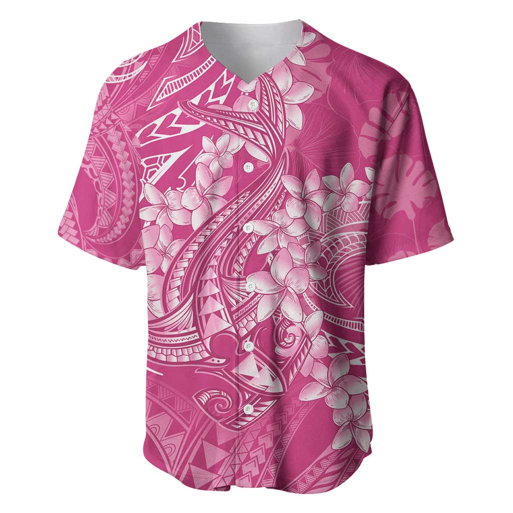 Pink Polynesia Hammerhead Shark Tattoo With Plumeria Lei Baseball Jersey LT14 Pink - Polynesian Pride